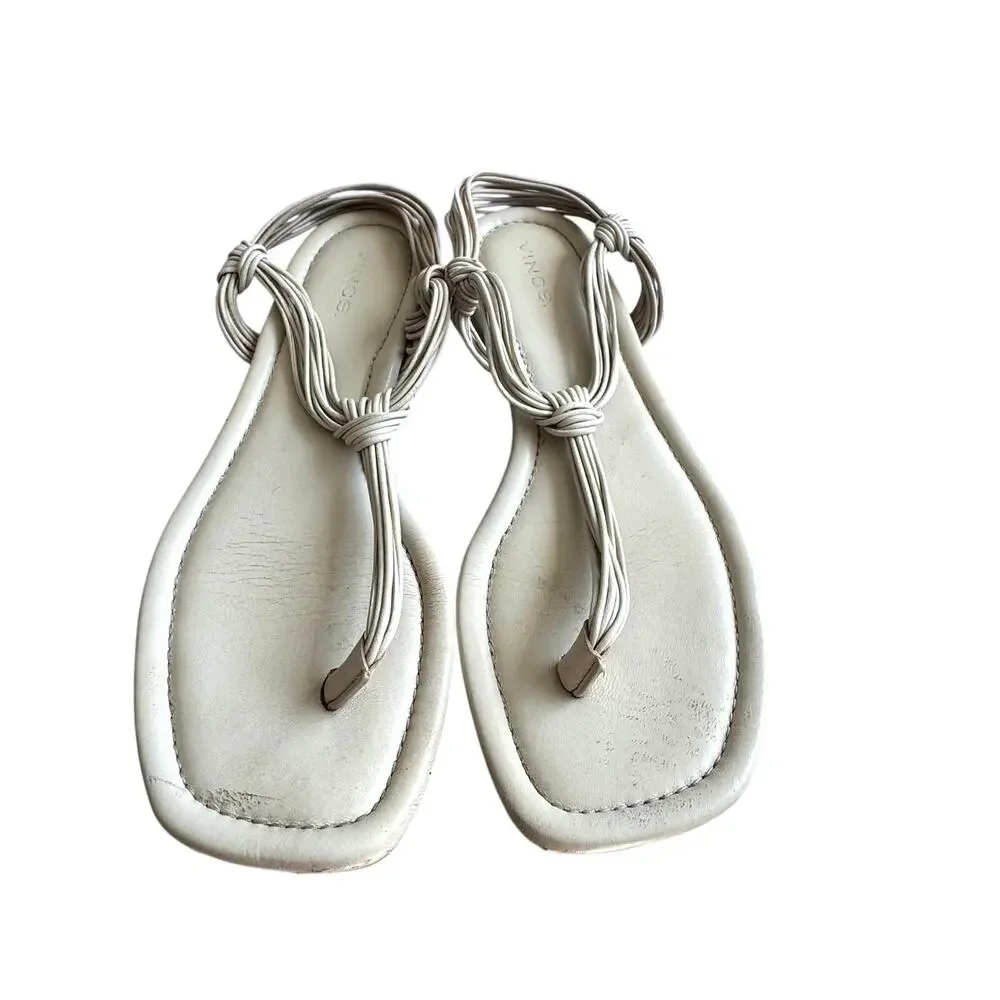 Vince Deja Knotted Leather T-Strap Thong Sandals 7m Moonlight (Cream)